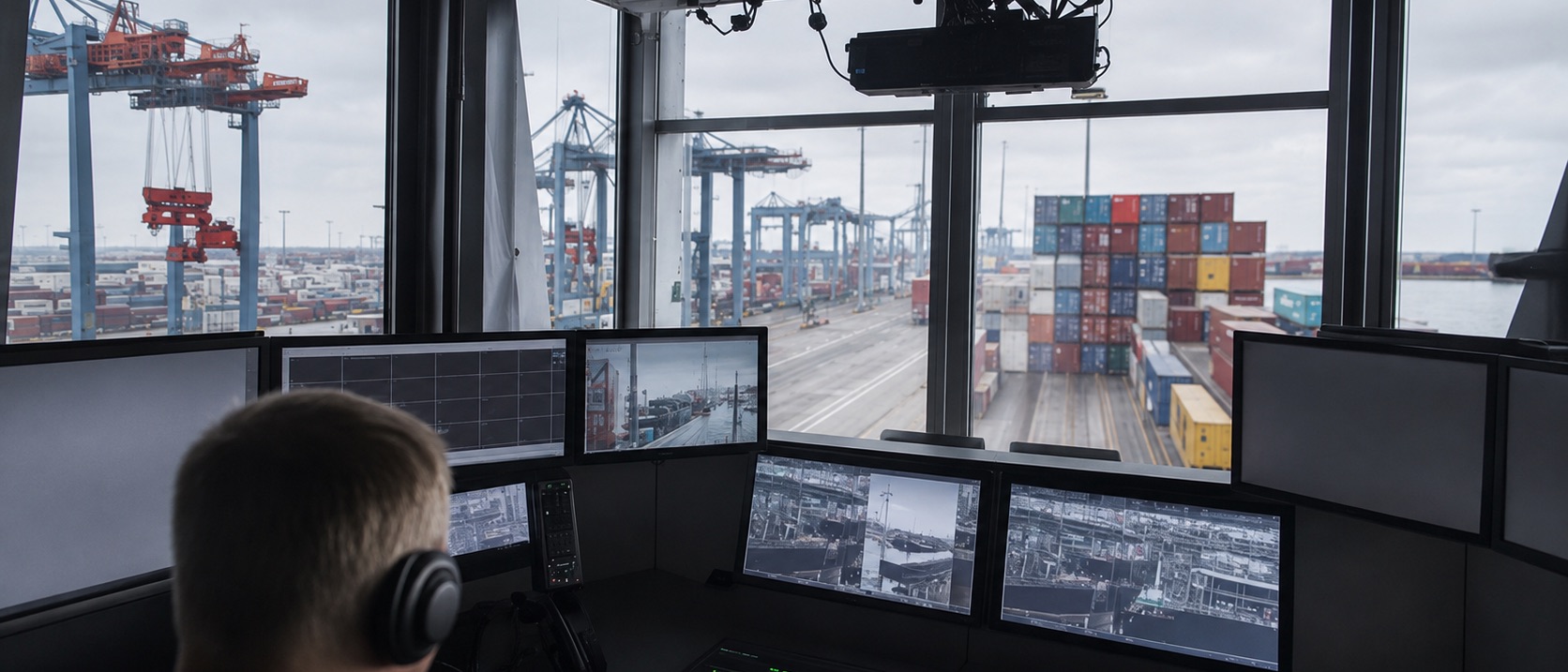 Terminal control room operator at a bank of monitors overlooking the container yard