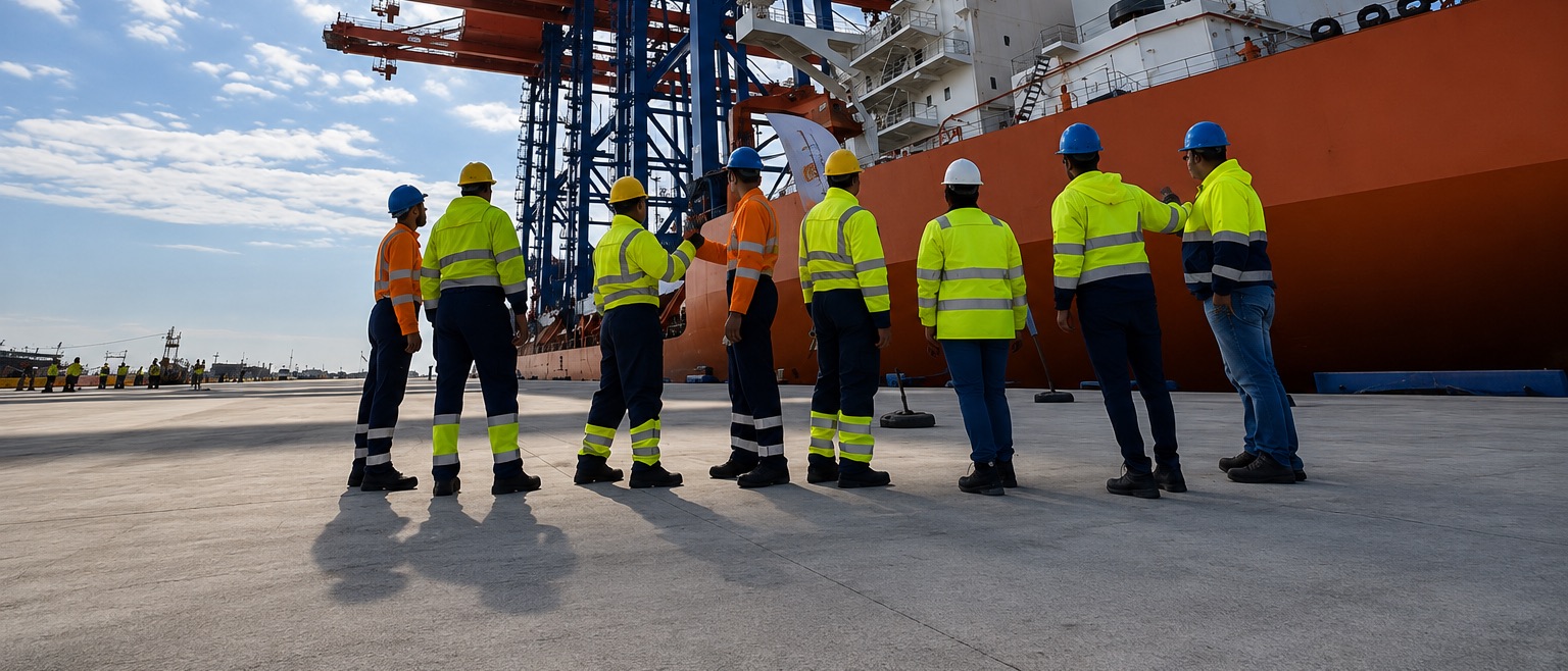 Dock crew in high-visibility clothing facing a vessel and quayside cranes