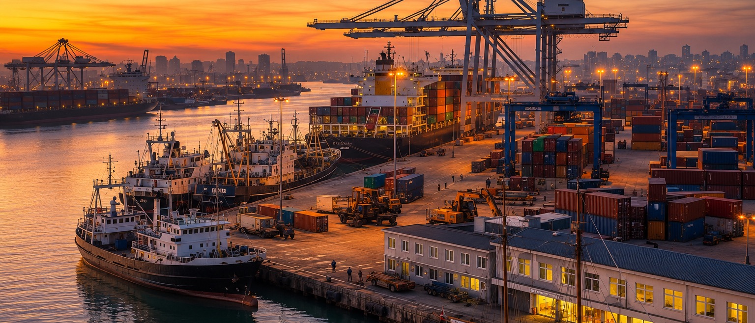 Port at sunset with quayside cranes and vessels alongside