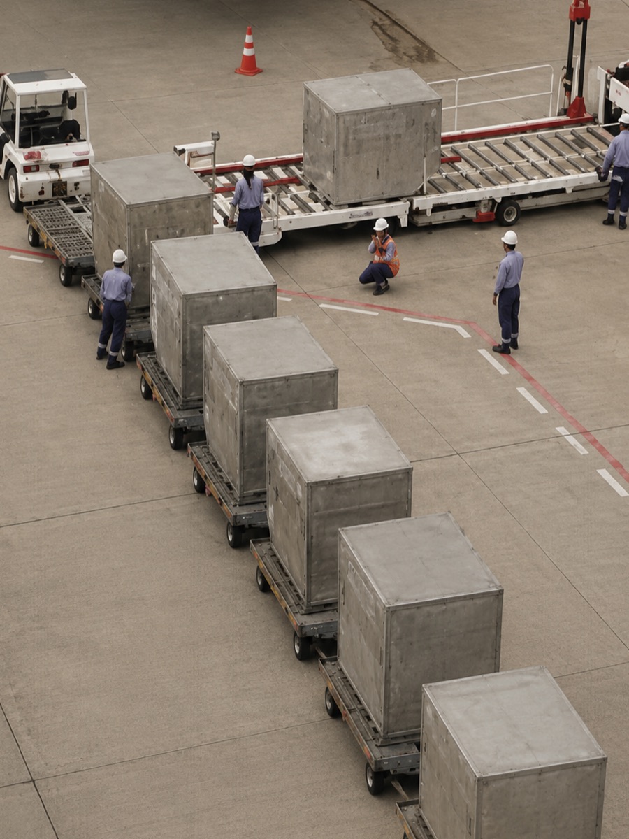 Ground crew moving air cargo containers across an airport apron
