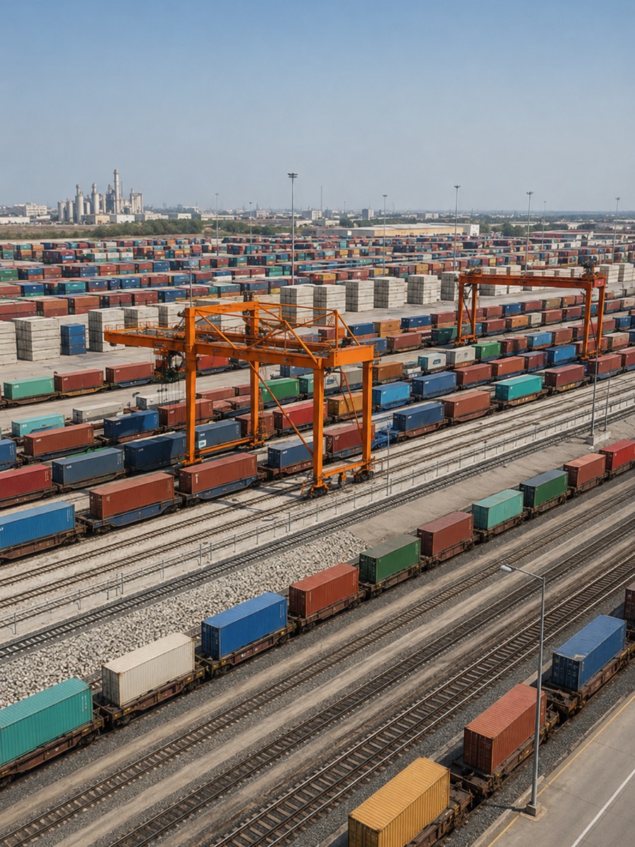 Intermodal rail yard with container wagons and gantry cranes
