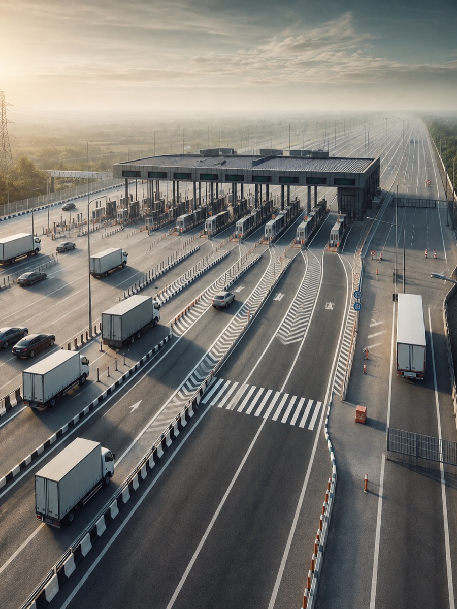 Toll plaza with trucks queuing across multiple lanes