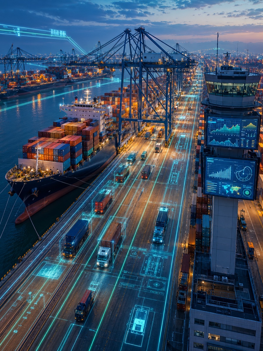 Container port at night with vehicle routes traced in light