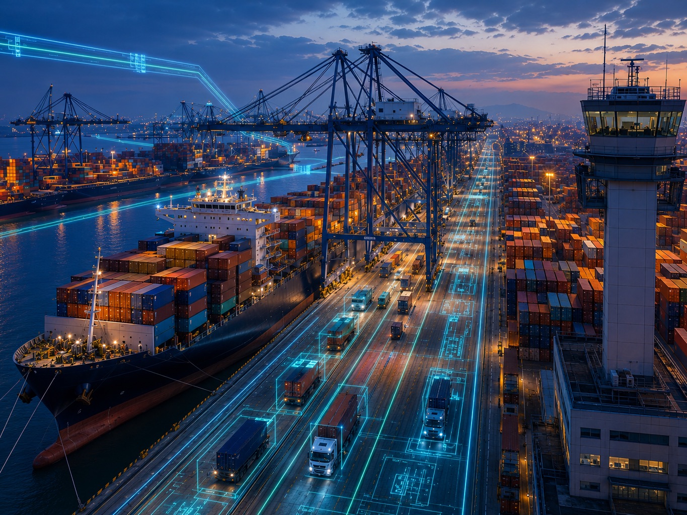 Container port at night with vehicle routes traced in light
